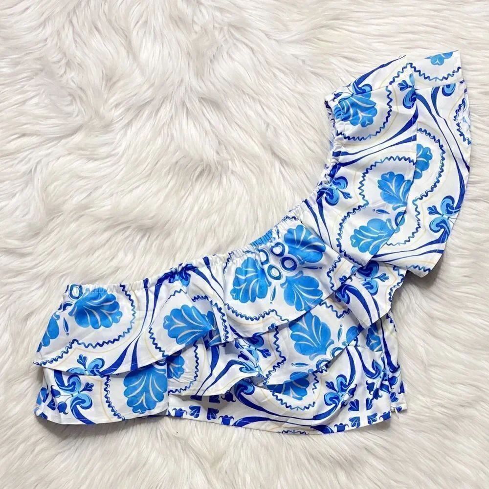 SHEIN One Shoulder Bohemian Ruffle Crop Top Blue Yellow & White Size Large